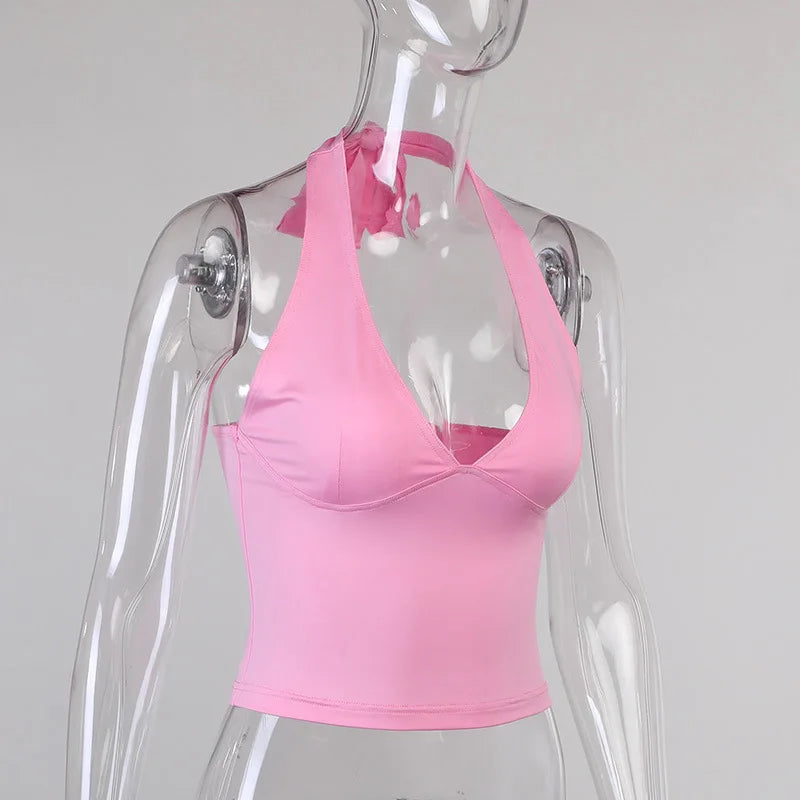 NOVA STORE Canotta estiva con scollo all'americana, canotta sexy da donna con scollo a V, canotta skinny senza schienale, maglietta rosa con corsetto, top da donna, maglietta