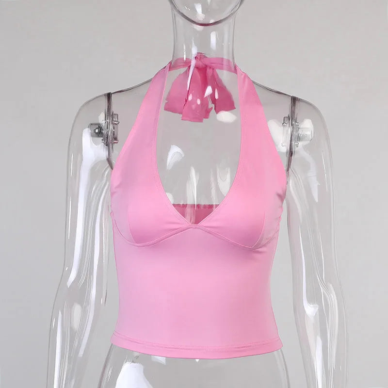 NOVA STORE Canotta estiva con scollo all'americana, canotta sexy da donna con scollo a V, canotta skinny senza schienale, maglietta rosa con corsetto, top da donna, maglietta