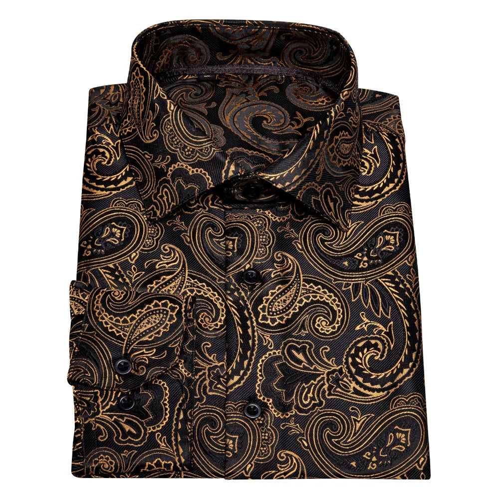 NOVA STORE Camicie da uomo a maniche lunghe con stampa paisley dorata, camicie casual con fiori per uomo, camicie eleganti, spilla da colletto leopardata firmata.