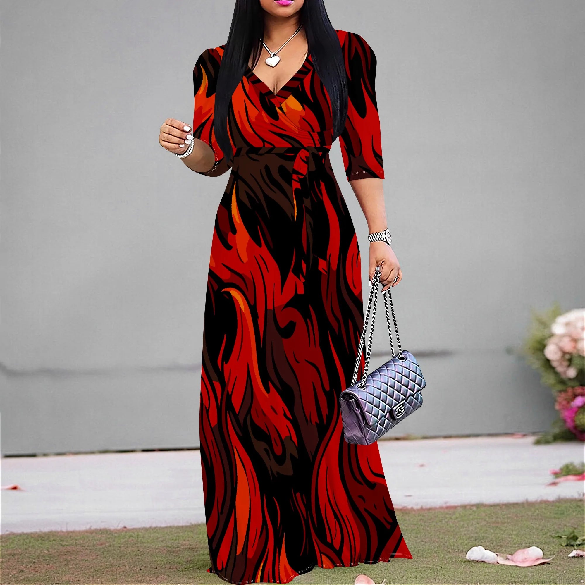 Abito lungo sexy da donna con scollo a V e stampa, maniche a 3/4, vestibilità ampia e cintura.