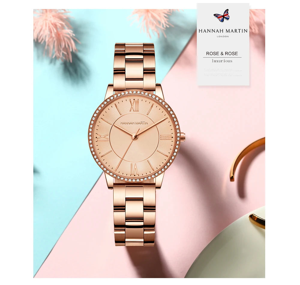 Set regalo di orologi da donna di marca Hannah Martin 34 mm, classico, di lusso, con diamanti incastonati, movimento giapponese originale, orologi eleganti da sera da donna.