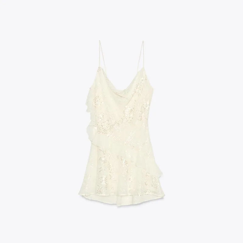 Mini abito con paillettes e volant da donna, abito sottoveste slim con scollo a cascata, senza schienale, estivo, per vacanze, spiaggia, club, feste, abito corto tinta unita da donna