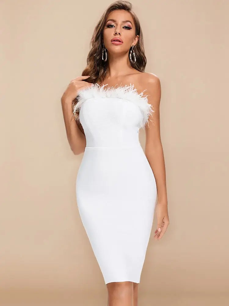 BEAUKEY Abiti da donna sexy neri con piume, abiti di lusso con fascia, abito aderente rosso estivo per cocktail party, abito da club bianco Vestidos XL