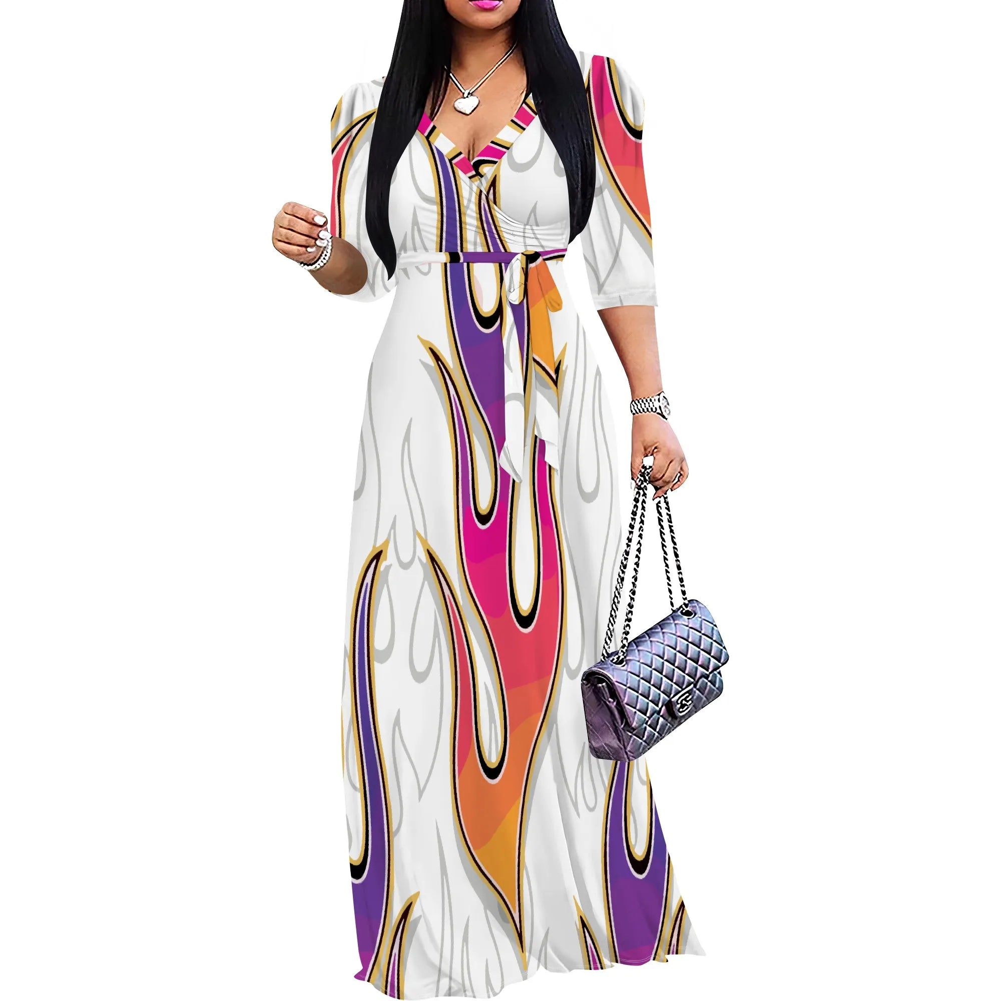 Abito lungo sexy da donna con scollo a V e stampa, maniche a 3/4, vestibilità ampia e cintura.