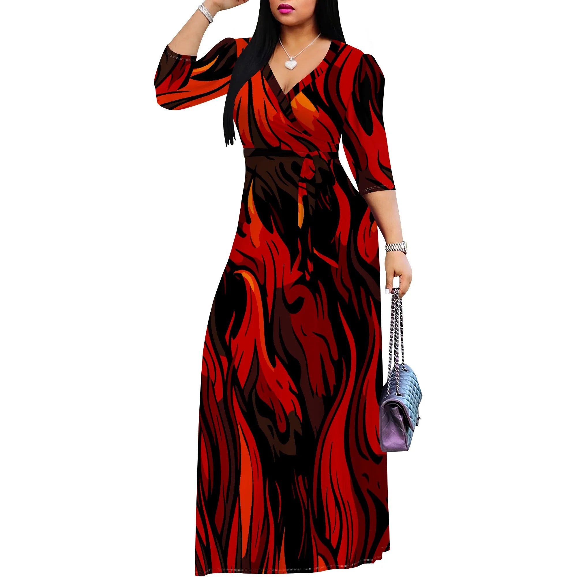 Abito lungo sexy da donna con scollo a V e stampa, maniche a 3/4, vestibilità ampia e cintura.