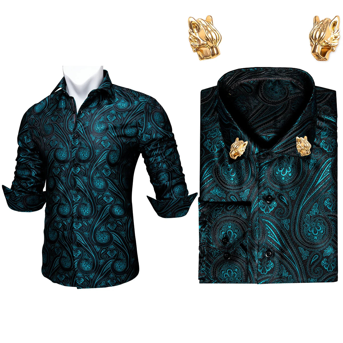 NOVA STORE Camicie da uomo a maniche lunghe con stampa paisley dorata, camicie casual con fiori per uomo, camicie eleganti, spilla da colletto leopardata firmata.