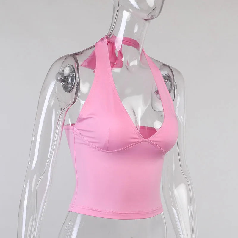NOVA STORE Canotta estiva con scollo all'americana, canotta sexy da donna con scollo a V, canotta skinny senza schienale, maglietta rosa con corsetto, top da donna, maglietta