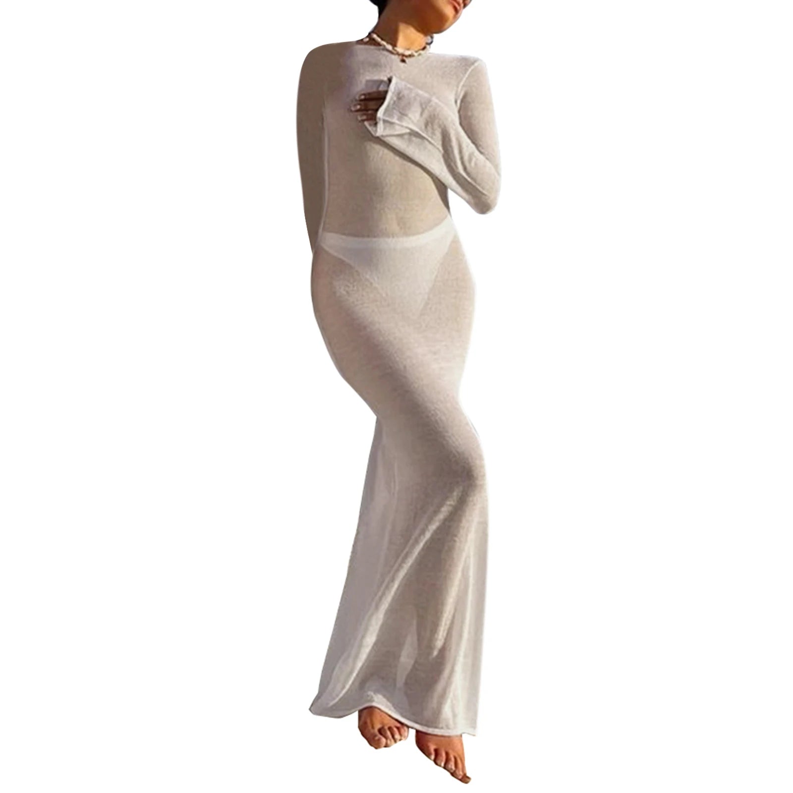 NOVA STORE Abito lungo da donna a portafoglio con maniche lunghe, scollo rotondo, trasparente, con protezione solare, tinta unita, senza schienale, abito lungo da spiaggia estivo, copricostume.