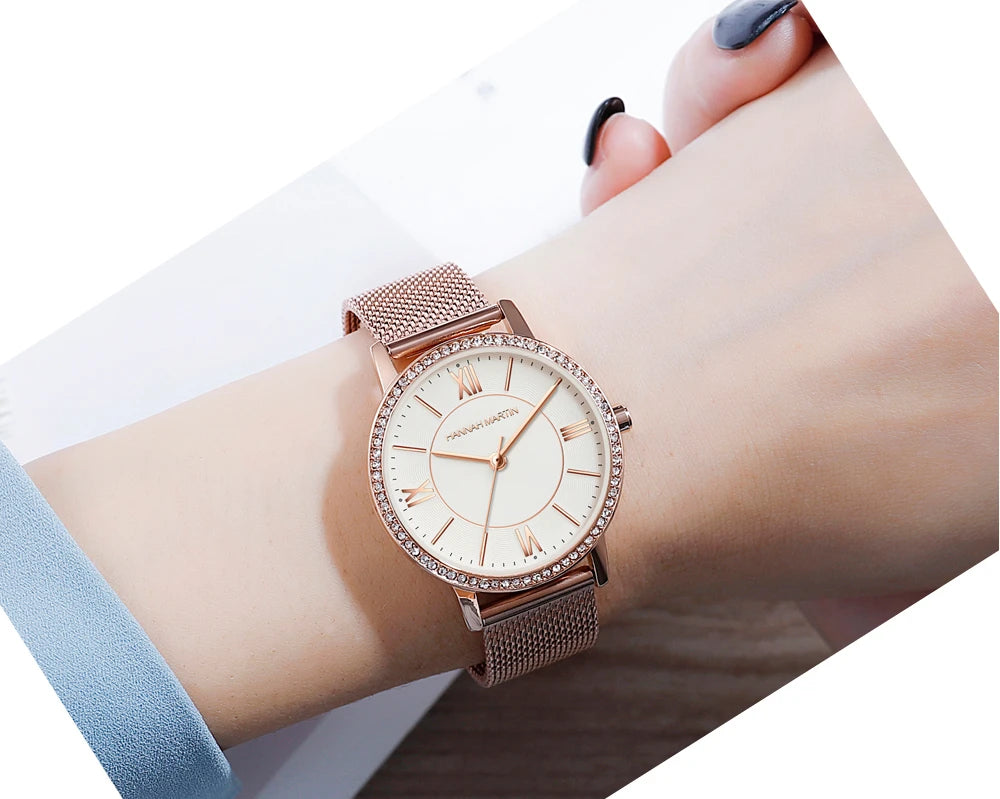 Set regalo di orologi da donna di marca Hannah Martin 34 mm, classico, di lusso, con diamanti incastonati, movimento giapponese originale, orologi eleganti da sera da donna.